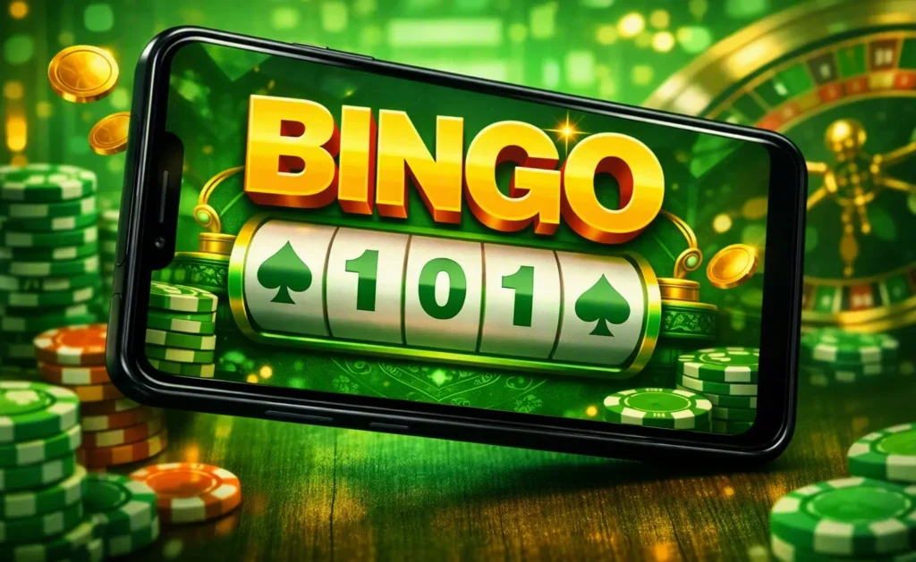 Bingo 101 login screen on an Android phone with mobile number and OTP