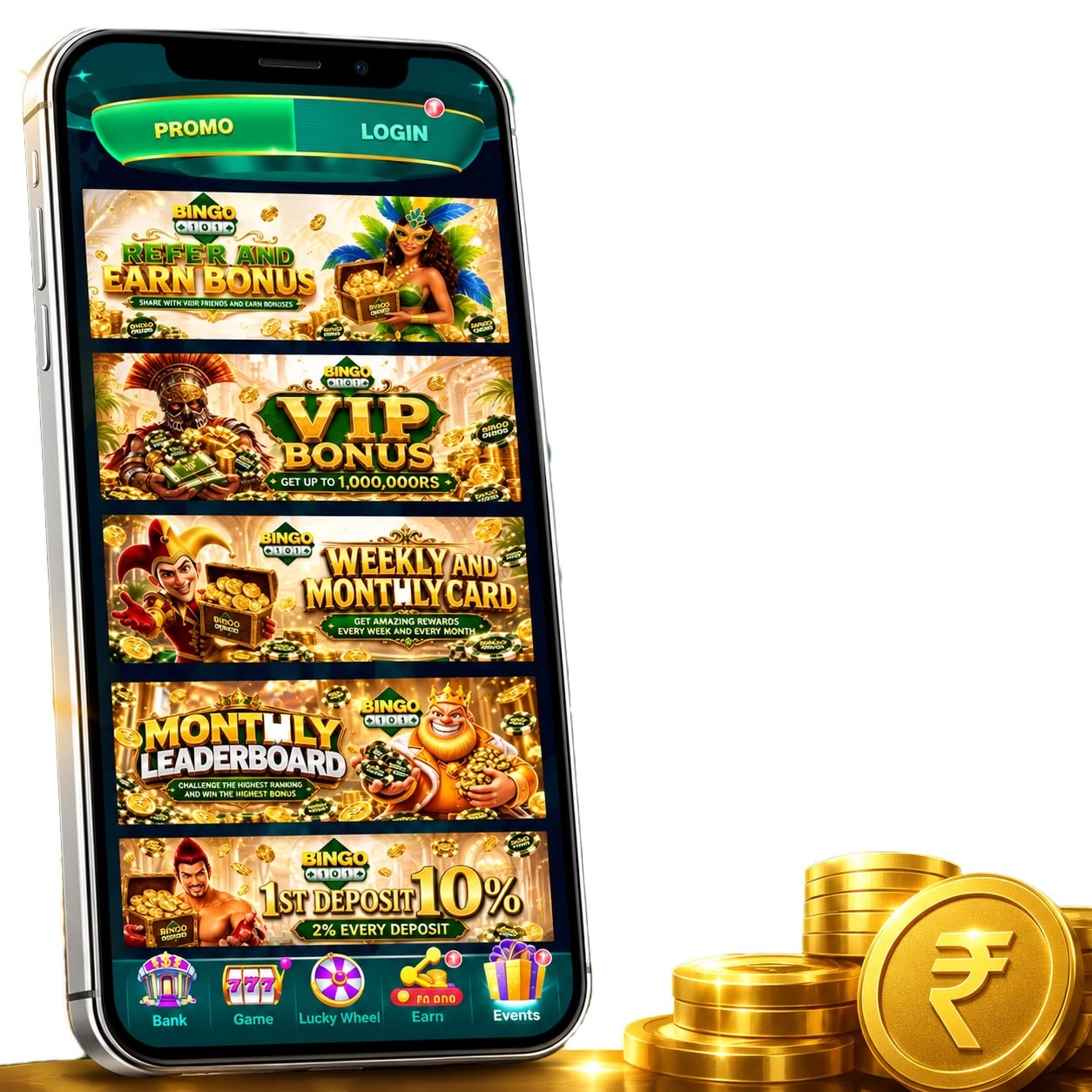 Bingo 101 Promo section showing the Refer and Earn, VIP Bonus, Weekly and Monthly Card, Monthly Leaderboard and 10% first deposit offers