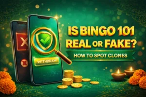 Is Bingo 101 real or fake? The genuine app with a verified shield next to a fake clone marked with a red X