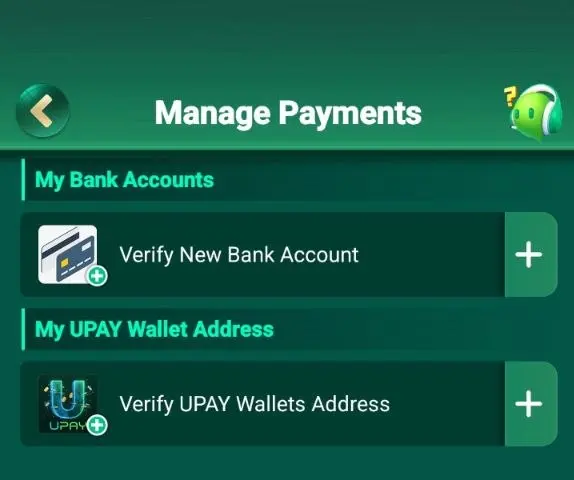 Bingo 101 Manage Payments screen with the Verify New Bank Account and Verify UPAY Wallets Address options