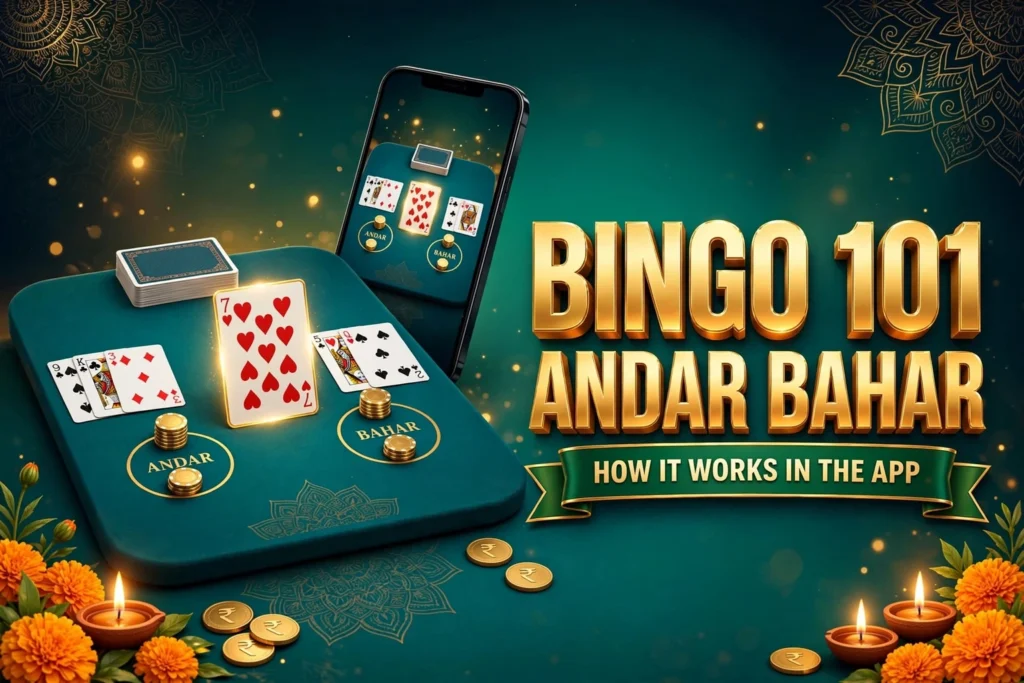 Bingo 101 andar bahar: the seven of hearts joker card between the Andar and Bahar betting spots with gold chips