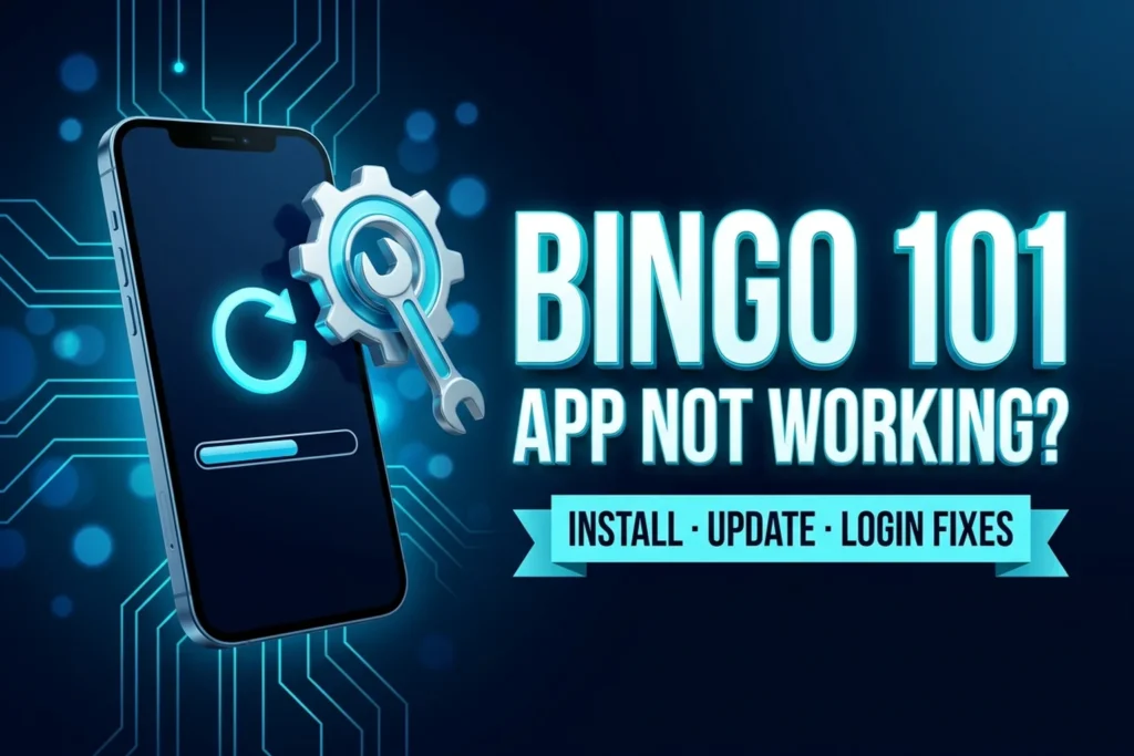 Bingo 101 app not working banner in navy and cyan with an install bar, a refresh arrow, a gear and a wrench