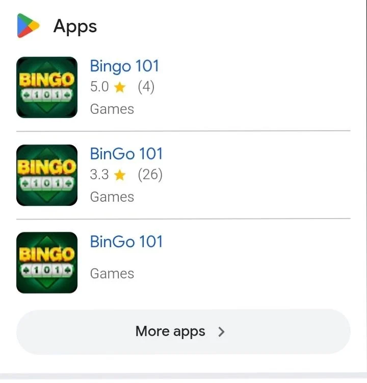 Google Play search results listing several unrelated apps named Bingo 101 and BinGo 101