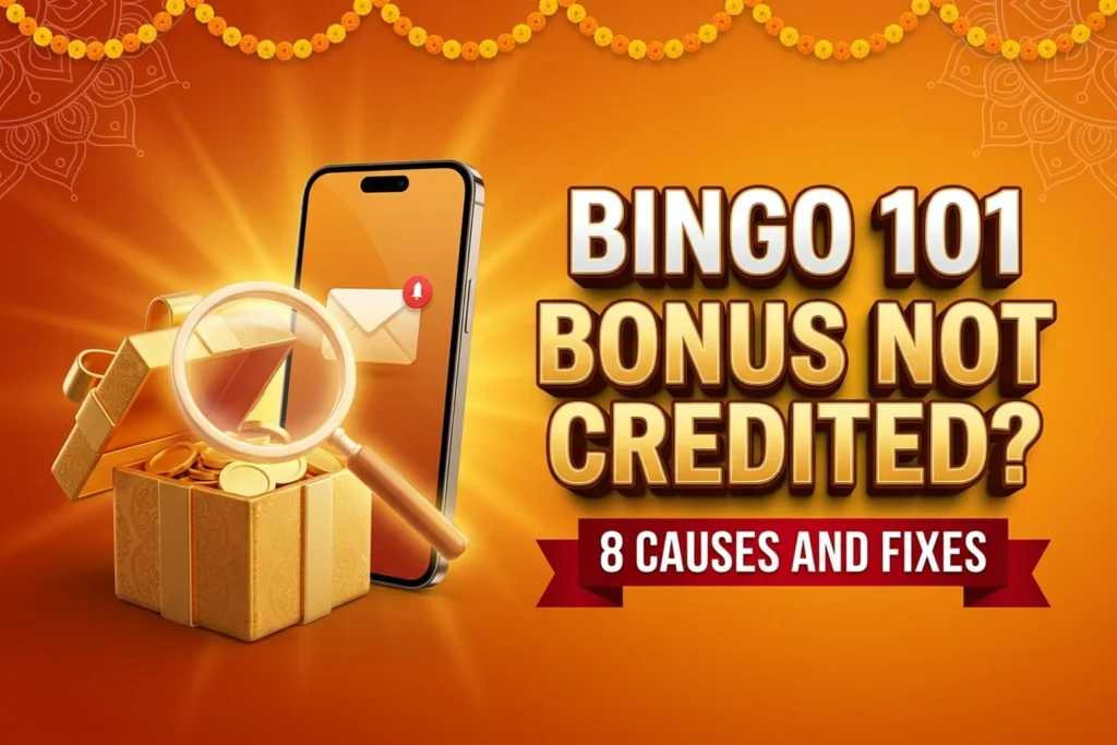 Bingo 101 bonus not credited banner in saffron orange with a gift box, a magnifying glass and a mailbox notification