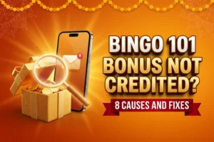 Bingo 101 bonus not credited banner in saffron orange with a gift box, a magnifying glass and a mailbox notification