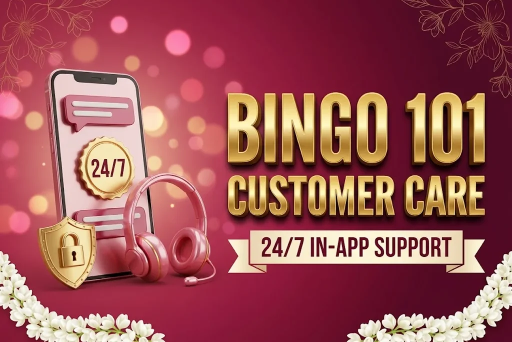 Bingo 101 customer care banner in rose and gold with a headset, a support chat and a 24/7 badge