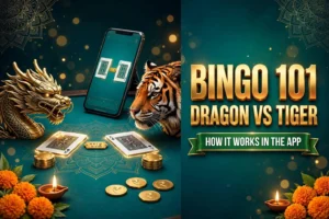 Bingo 101 dragon vs tiger: a gold dragon and a tiger facing each other over two cards and a Tie marker