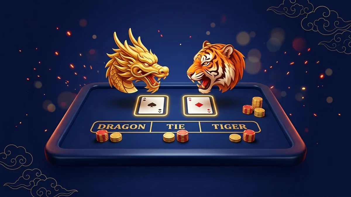 Bingo 101 Dragon vs Tiger table with the Dragon, Tie and Tiger betting spots and two face-up cards
