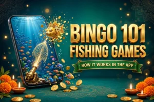 Bingo 101 fishing games: a gold cannon firing a net at tropical fish and a crowned golden boss fish spilling coins