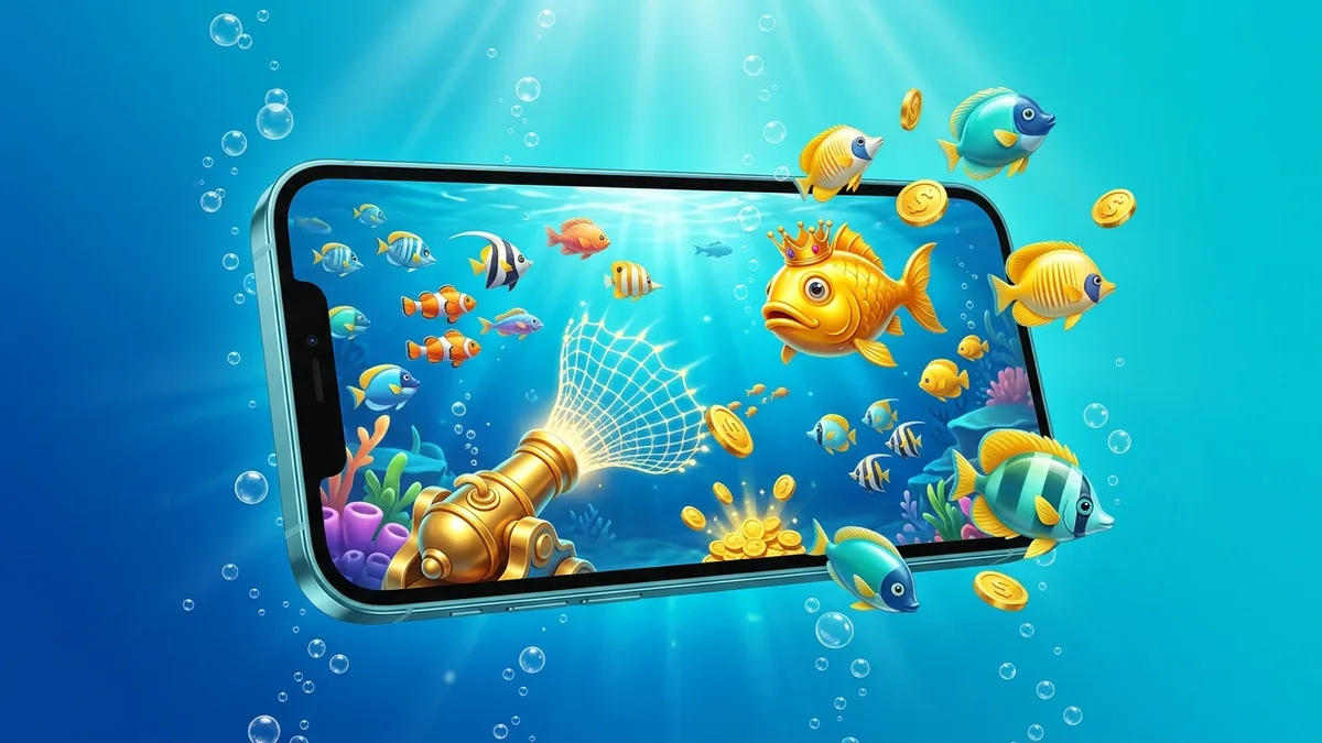 Bingo 101 fishing games screen with a cannon firing a net at tropical fish and a golden boss fish