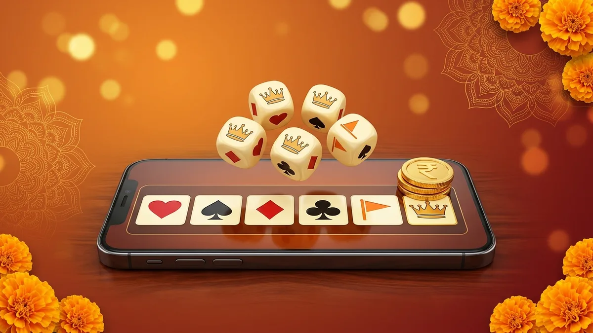 Bingo 101 Jhandi Munda table with six dice showing flag, face, heart, spade, club and diamond symbols