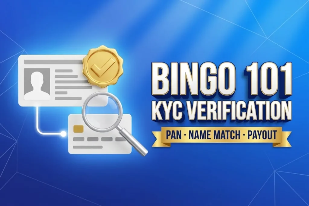Bingo 101 KYC banner in royal blue with an identity card, a verified badge and a linked bank card