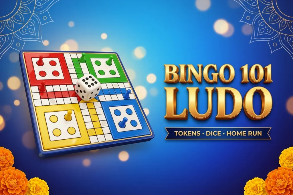 Bingo 101 Ludo banner with a four-colour Ludo board, pawn tokens and a die showing six