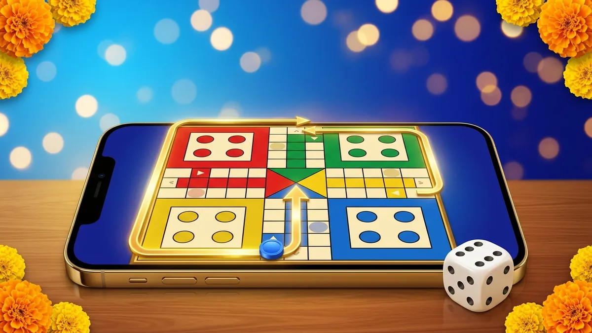 Bingo 101 Ludo board with four coloured yards, tokens on the track, a rolled die and the home columns leading to the centre