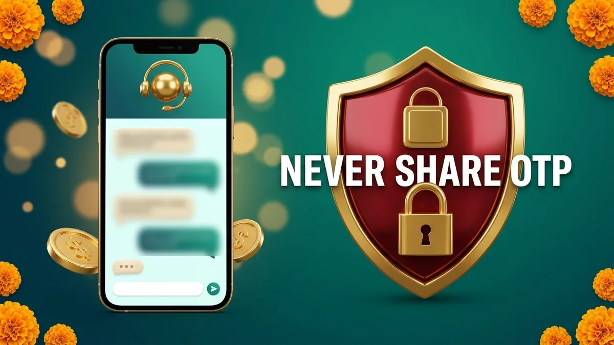 Bingo 101 customer care chat next to a warning shield that says never share OTP