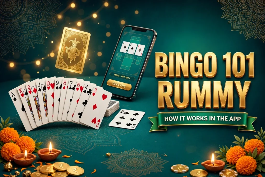 Bingo 101 rummy: a fanned hand of cards, a gold joker and a phone showing the Declare button on a teal table