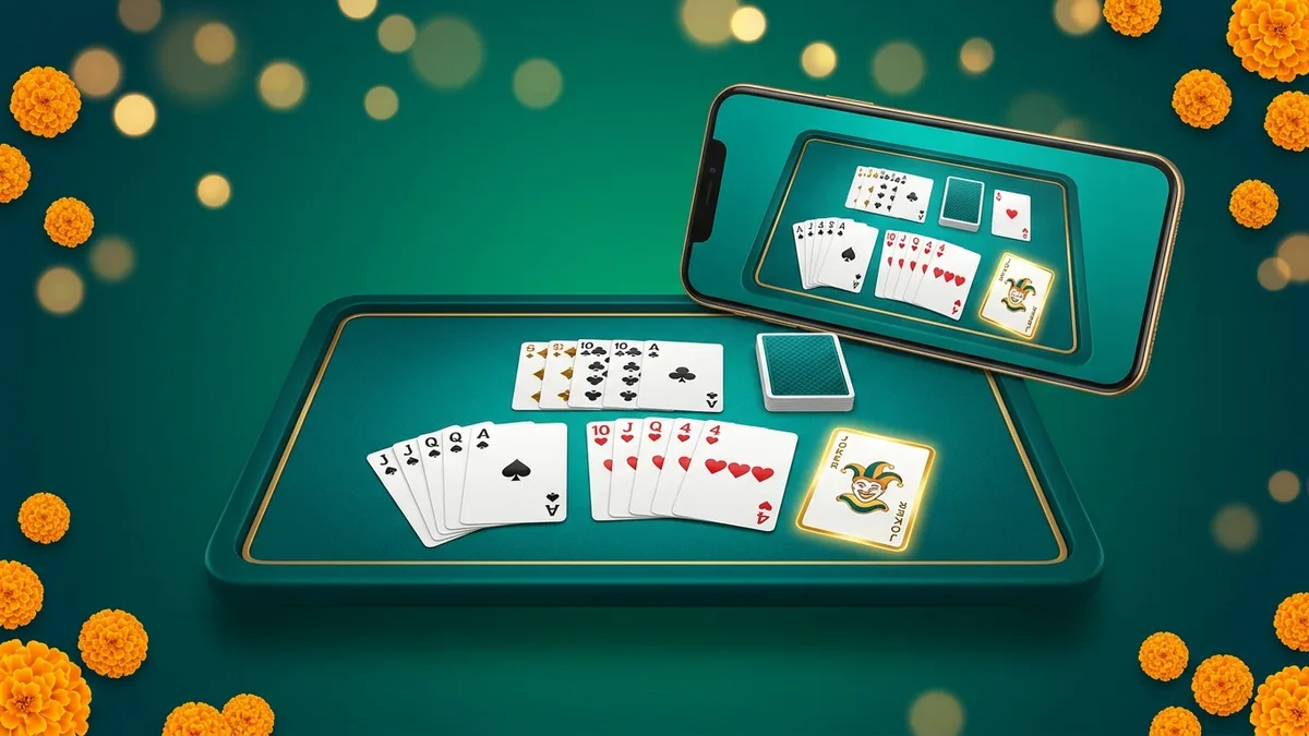 Bingo 101 rummy table with a thirteen-card hand grouped into sequences, a joker, the draw pile and the discard pile