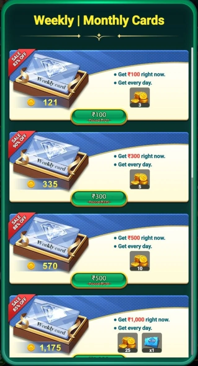 Bingo 101 Weekly and Monthly Cards screen with the ₹100, ₹300, ₹500 and ₹1,000 weekly card options