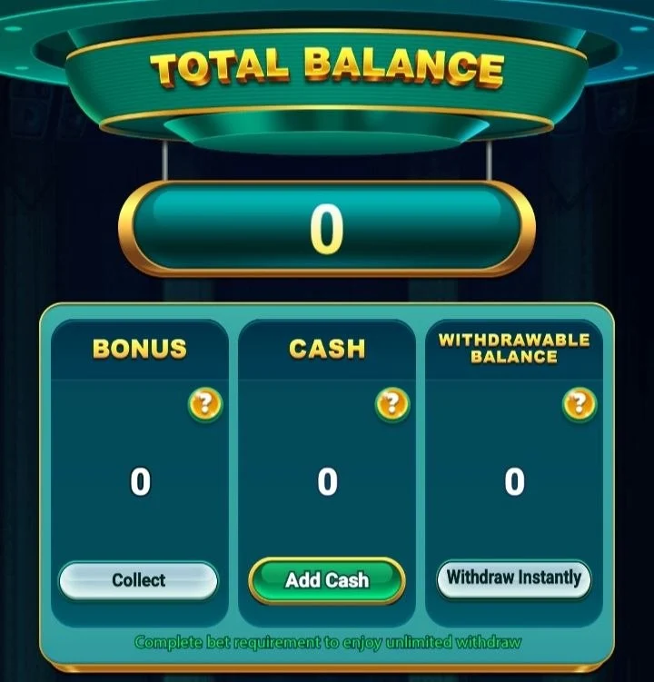 Bingo 101 Total Balance screen split into Bonus, Cash and Withdrawable Balance