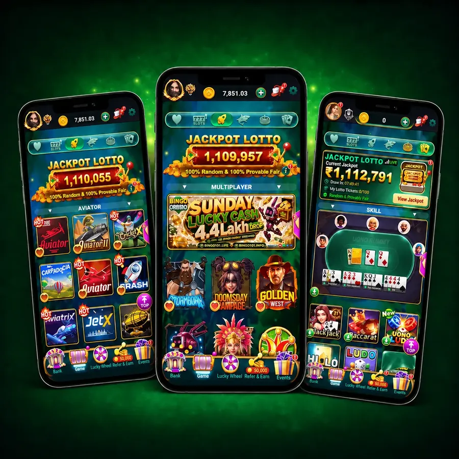 Three phones showing the Bingo 101 lobby with Jackpot Lotto, Aviator, slots and card games