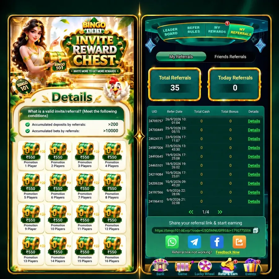 Bingo 101 Invite Reward Chest details next to the Refer and Earn My Referrals screen with total and today referrals