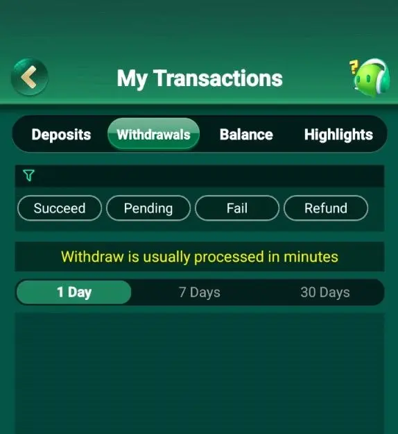 Bingo 101 My Transactions screen on the Withdrawals tab with Succeed, Pending, Fail and Refund filters
